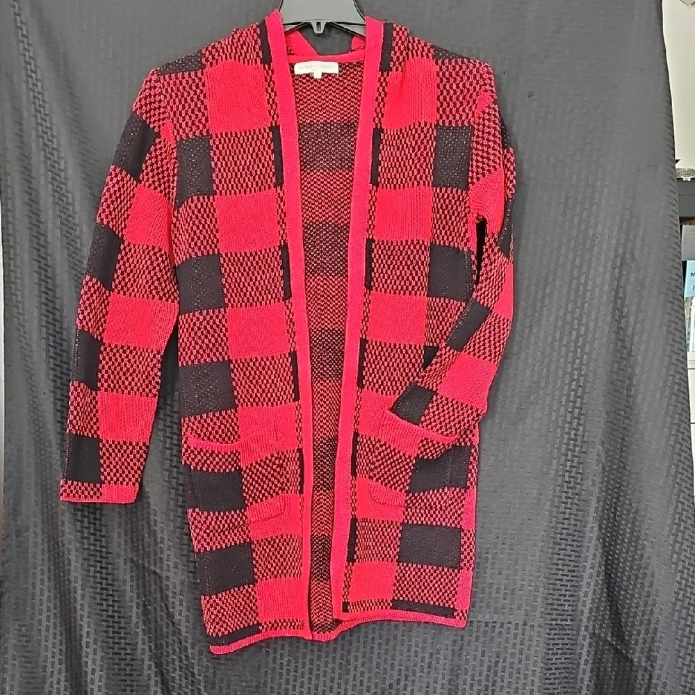 Vibrant Red and Black Women's Checkered Cardigan